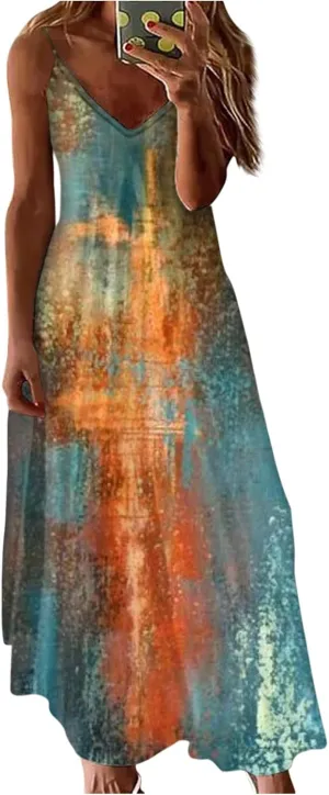 Womens Summer Dresses Spaghetti Strap Sundress Flowy Loose Maxi Dresses Holiday Party Dresses for Women 2025