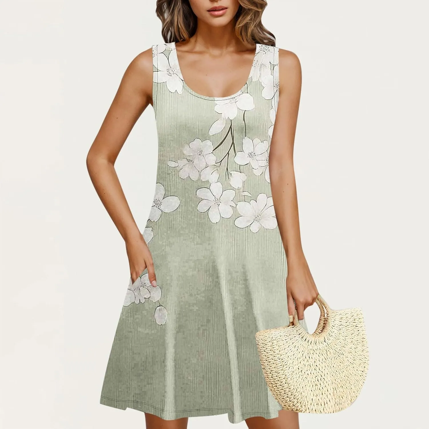 Women's Summer Dresses with Pockets Boho Floral T-Shirts Mini Dress Casual U Neck Loose Tank Dresses Swimsuit Coverup