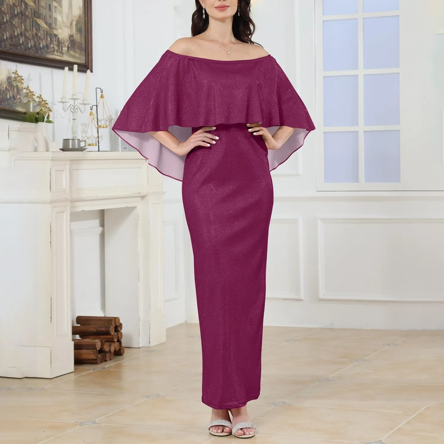 Women's Summer Elegant Trendy Cold Shoulder Sequins Solid Split Bodycon Prom Party Maxi Cocktail Dresses 2025, S-3XL