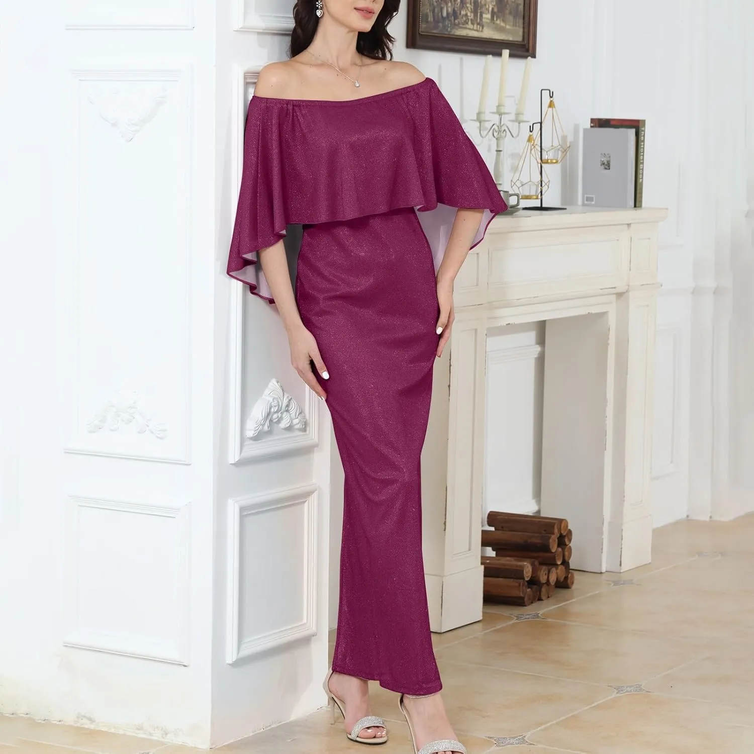 Women's Summer Elegant Trendy Cold Shoulder Sequins Solid Split Bodycon Prom Party Maxi Cocktail Dresses 2025, S-3XL