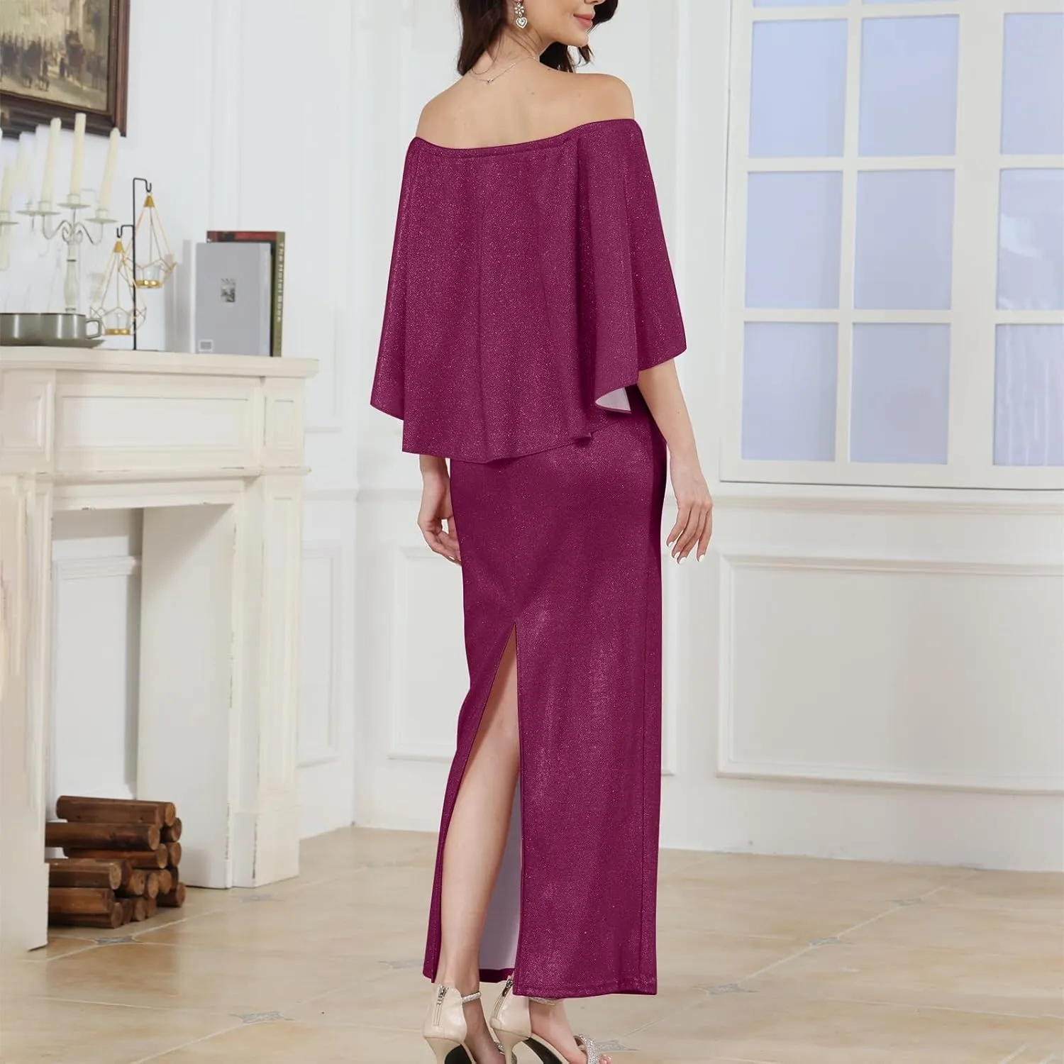 Women's Summer Elegant Trendy Cold Shoulder Sequins Solid Split Bodycon Prom Party Maxi Cocktail Dresses 2025, S-3XL