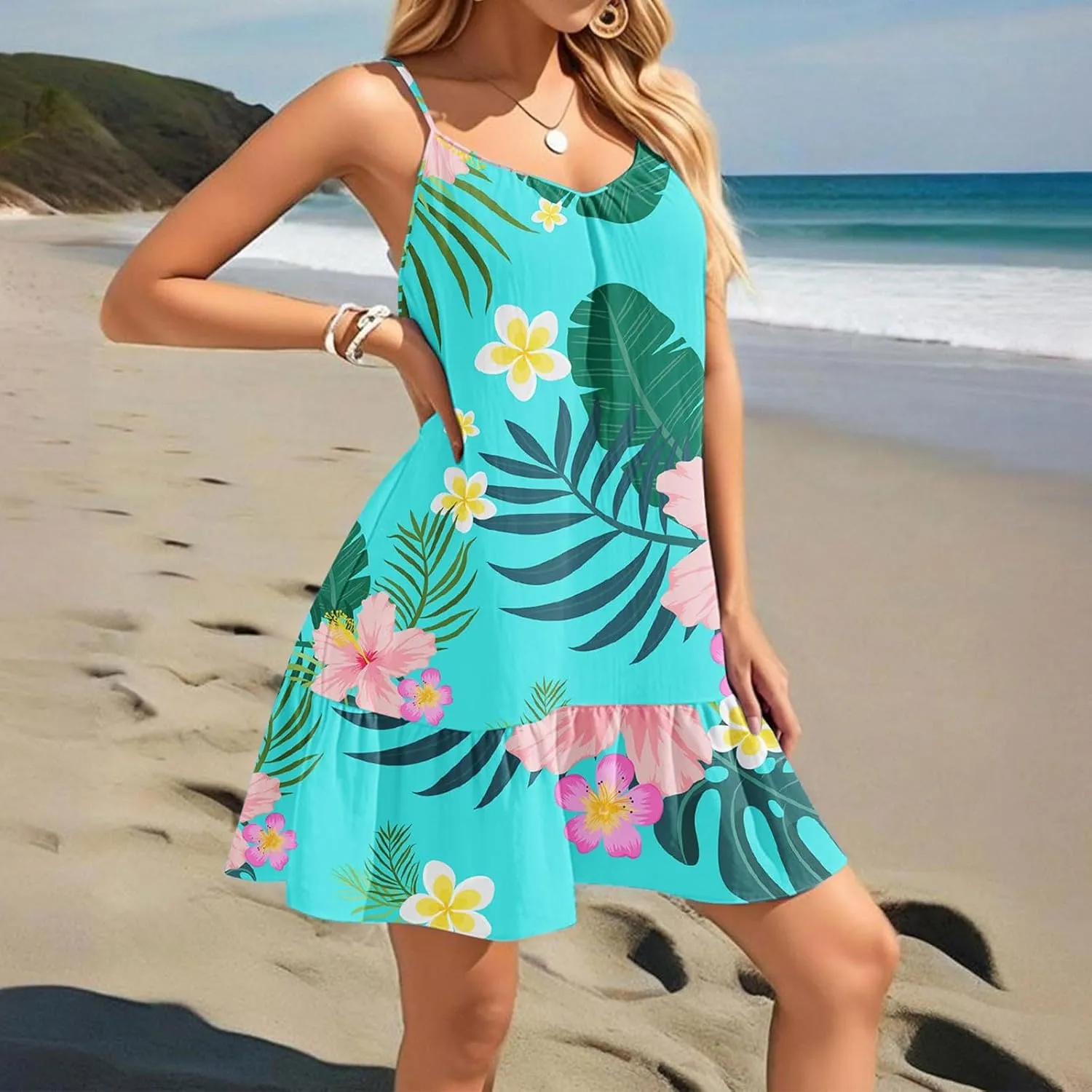 Women's Summer Floral Mini Dresses, Spaghetti Strap Cold Shoulder Ruffle Hem Swimsuits Beach Cover Up Sundress