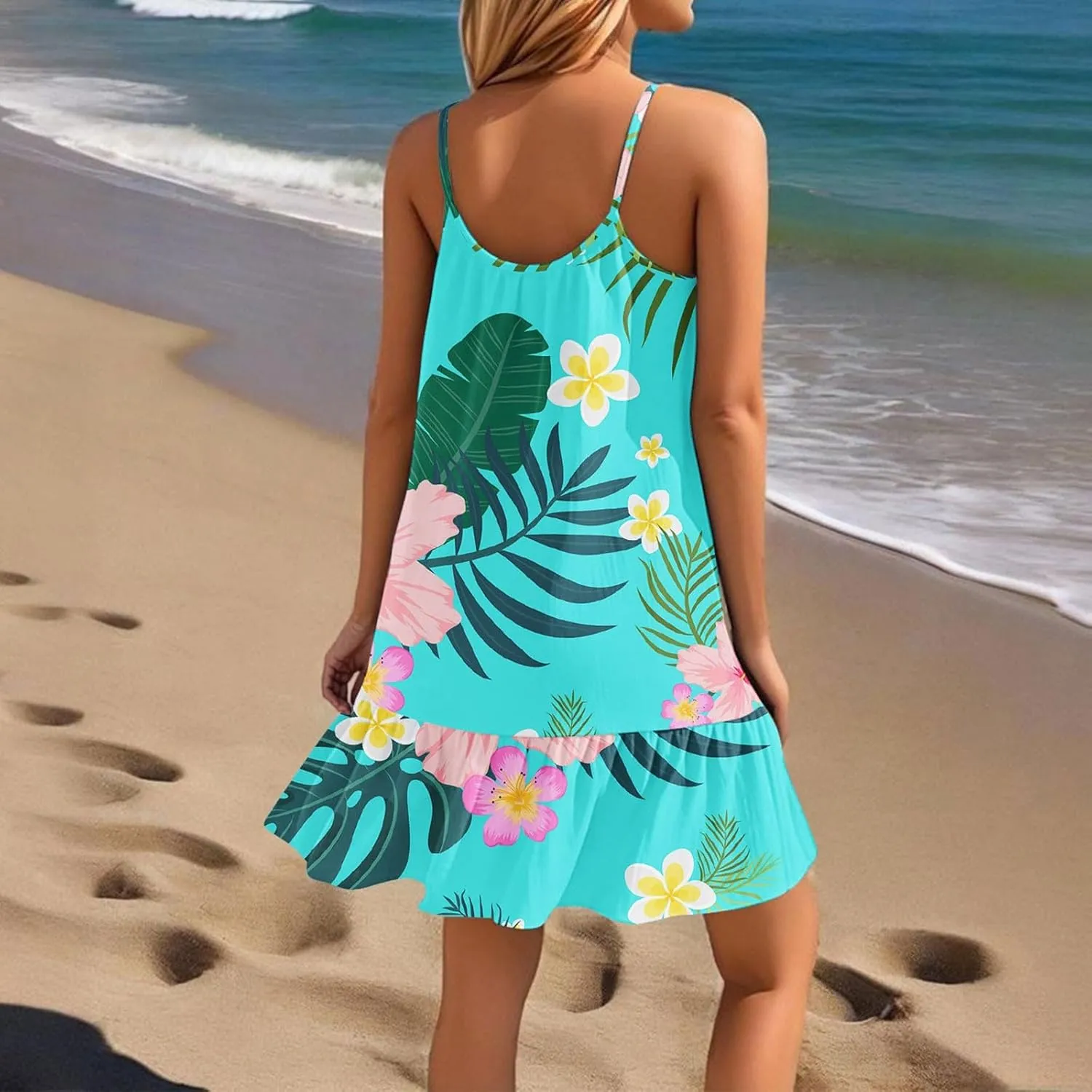 Women's Summer Floral Mini Dresses, Spaghetti Strap Cold Shoulder Ruffle Hem Swimsuits Beach Cover Up Sundress