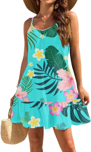 Women's Summer Floral Mini Dresses, Spaghetti Strap Cold Shoulder Ruffle Hem Swimsuits Beach Cover Up Sundress