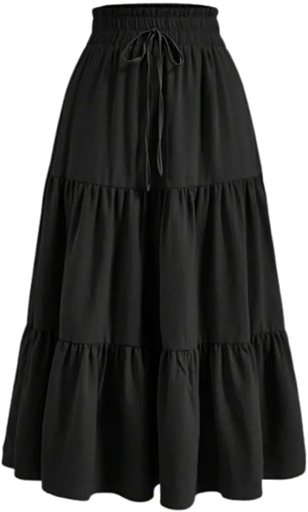 Womens Summer Flowy Swing Tiered Midi Skirt with Pocket 2025 Casual Boho Elastic Waisted Beach Long Skirt