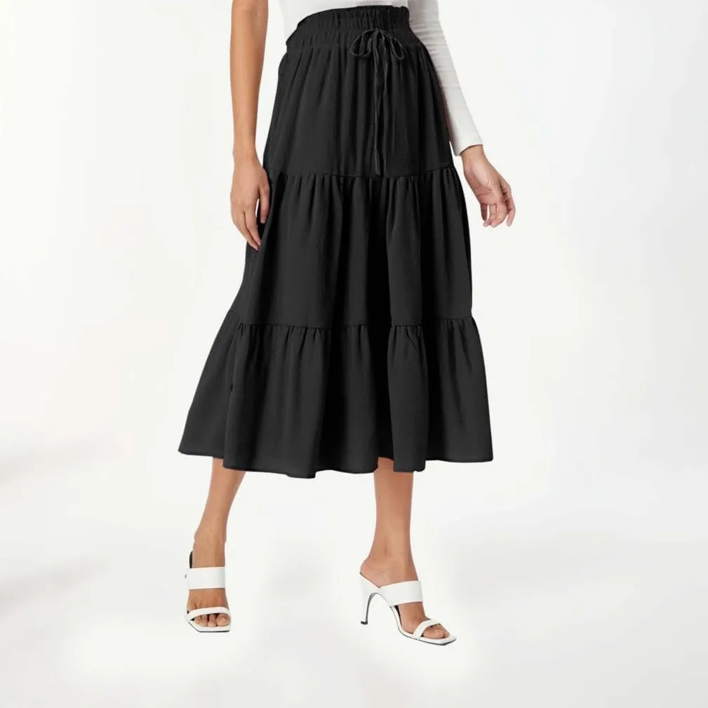 Womens Summer Flowy Swing Tiered Midi Skirt with Pocket 2025 Casual Boho Elastic Waisted Beach Long Skirt