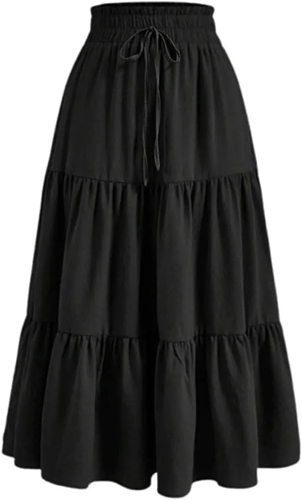 Womens Summer Flowy Swing Tiered Midi Skirt with Pocket 2025 Casual Boho Elastic Waisted Beach Long Skirt