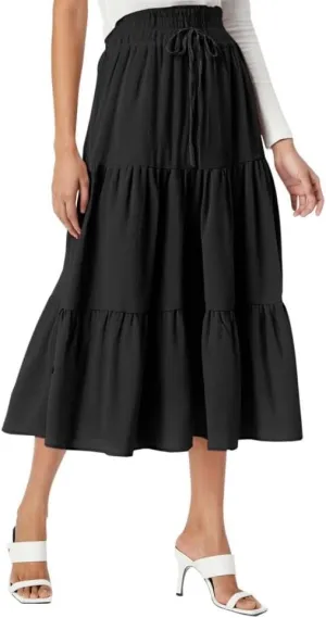 Womens Summer Flowy Swing Tiered Midi Skirt with Pocket 2025 Casual Boho Elastic Waisted Beach Long Skirt