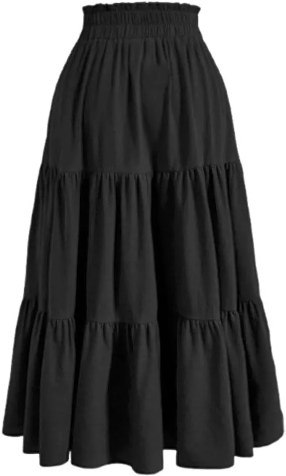 Womens Summer Flowy Swing Tiered Midi Skirt with Pocket 2025 Casual Boho Elastic Waisted Beach Long Skirt