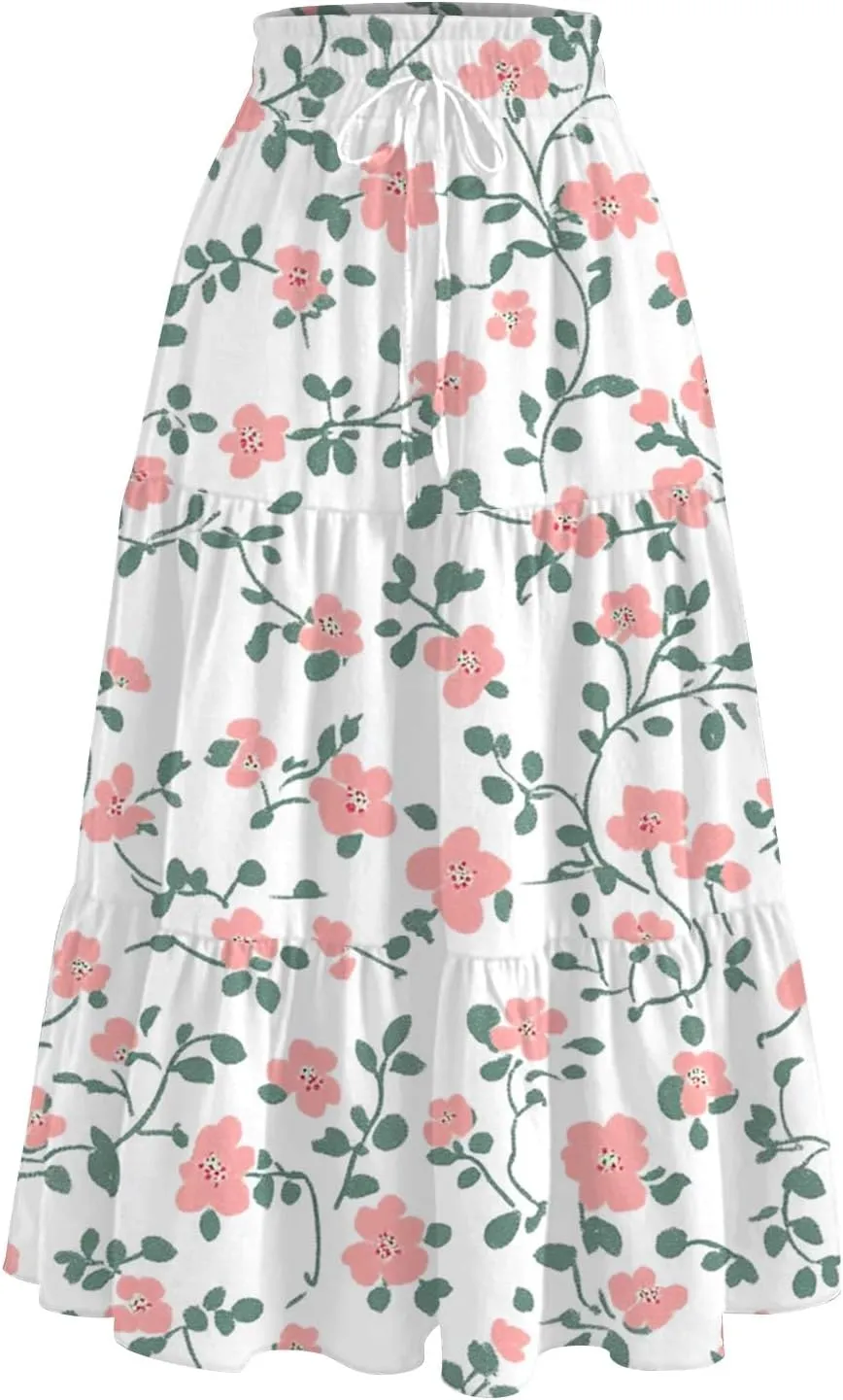 Women's Summer High Waist Tie Floral Print Boho Resort Midi Skirt with Pockets, S-2XL
