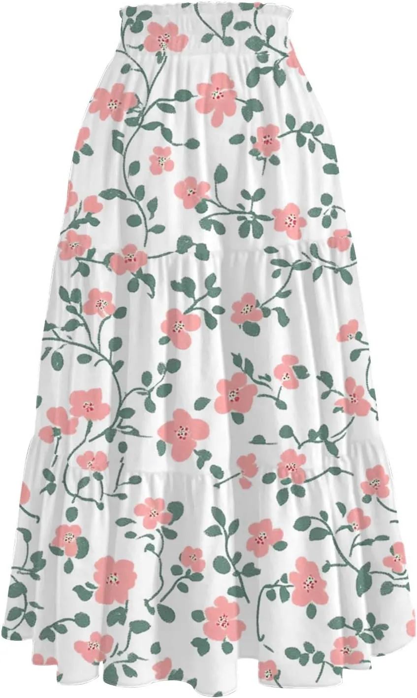 Women's Summer High Waist Tie Floral Print Boho Resort Midi Skirt with Pockets, S-2XL