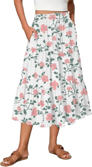 Women's Summer High Waist Tie Floral Print Boho Resort Midi Skirt with Pockets, S-2XL