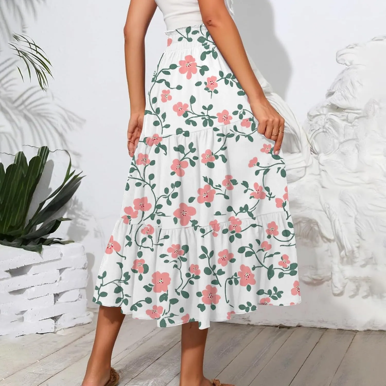 Women's Summer High Waist Tie Floral Print Boho Resort Midi Skirt with Pockets, S-2XL