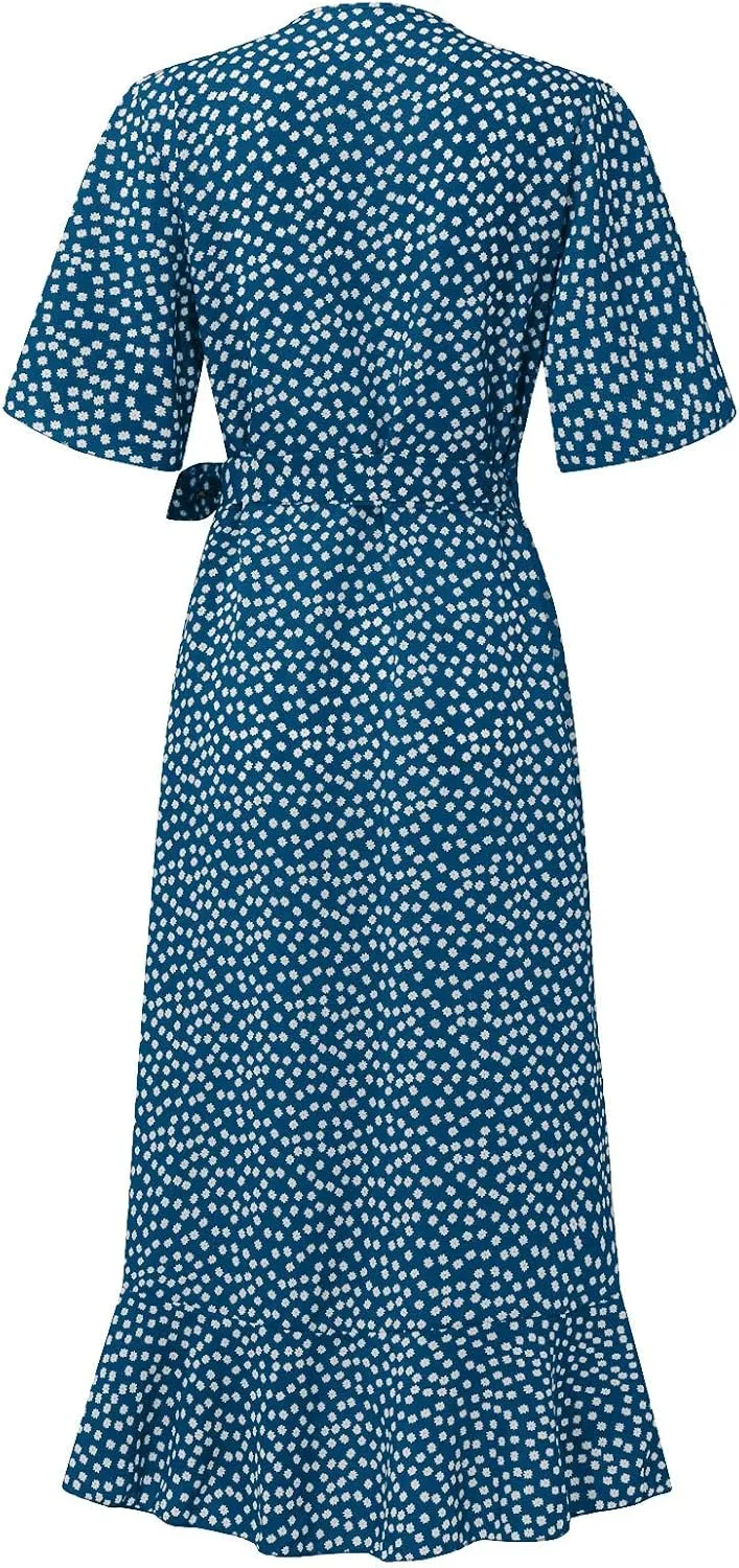 Women's Summer Maxi Dress Casual Boho Floral Wrap V Neck Short Sleeve Ruffle Hem Split Beach Long Dresses with Belt