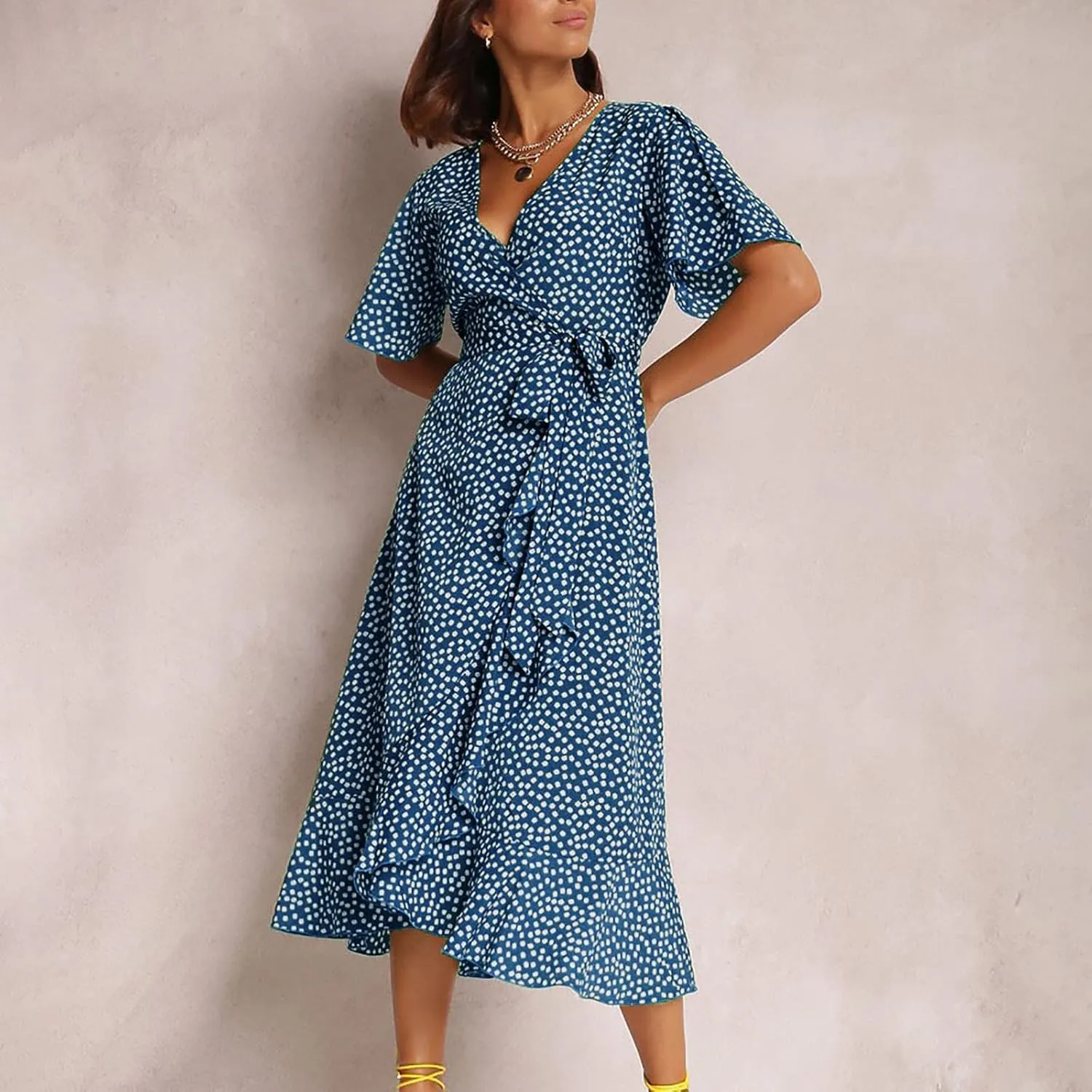Women's Summer Maxi Dress Casual Boho Floral Wrap V Neck Short Sleeve Ruffle Hem Split Beach Long Dresses with Belt