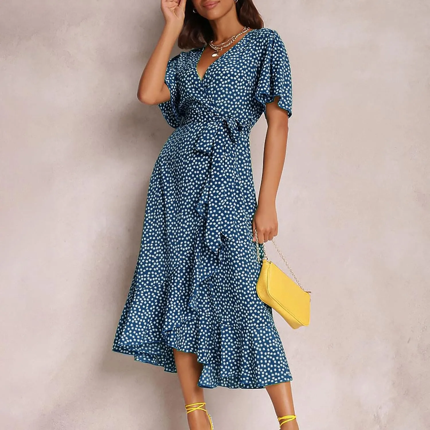 Women's Summer Maxi Dress Casual Boho Floral Wrap V Neck Short Sleeve Ruffle Hem Split Beach Long Dresses with Belt