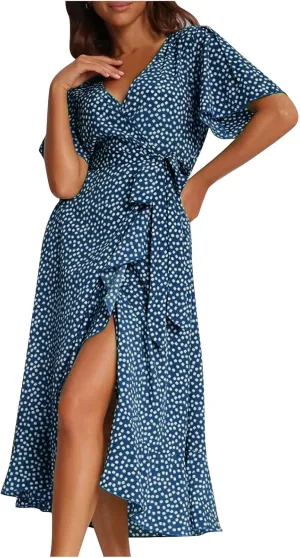 Women's Summer Maxi Dress Casual Boho Floral Wrap V Neck Short Sleeve Ruffle Hem Split Beach Long Dresses with Belt