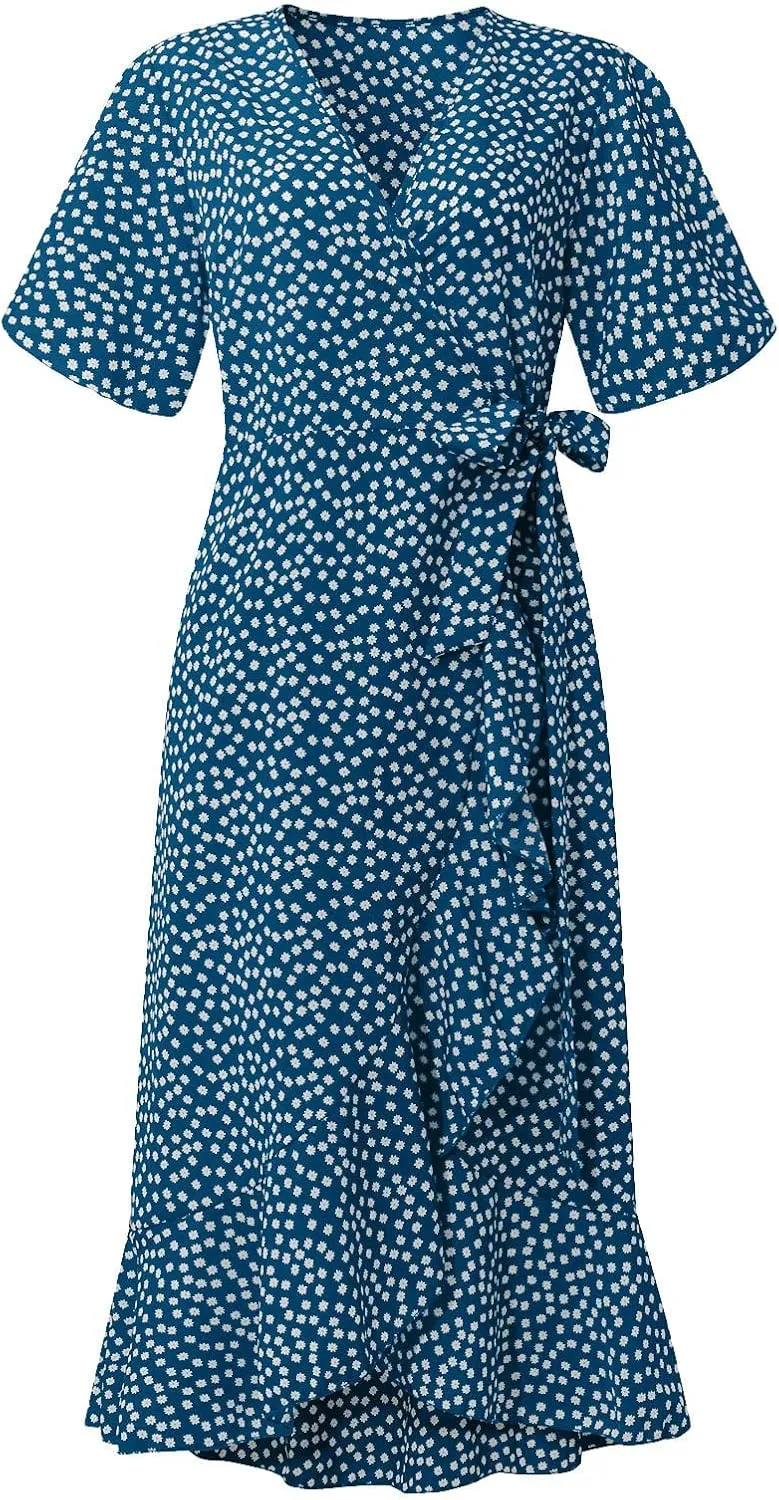 Women's Summer Maxi Dress Casual Boho Floral Wrap V Neck Short Sleeve Ruffle Hem Split Beach Long Dresses with Belt