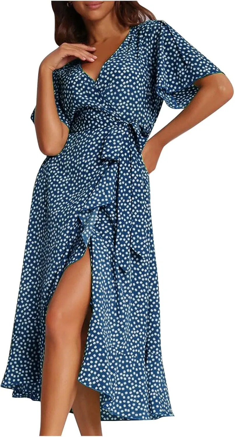 Women's Summer Maxi Dress Casual Boho Floral Wrap V Neck Short Sleeve Ruffle Hem Split Beach Long Dresses with Belt