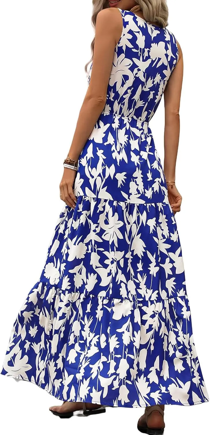 Womens Summer Maxi Dress Casual Flowy Sleeveless Sundress Boho Floral V Neck Long Dresses Beach Long Dress