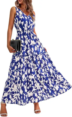 Womens Summer Maxi Dress Casual Flowy Sleeveless Sundress Boho Floral V Neck Long Dresses Beach Long Dress