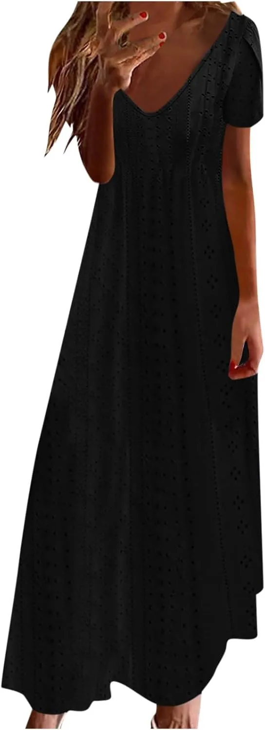 Women's Summer Maxi Dress Trendy Eyelet Embroidery Petal Sleeve Beach Dresses Ladies Casual A-Line Flowy Long Dress