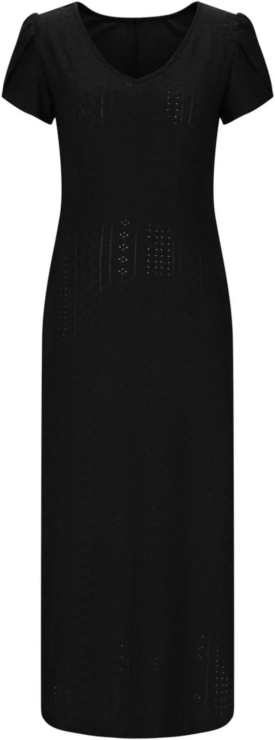 Women's Summer Maxi Dress Trendy Eyelet Embroidery Petal Sleeve Beach Dresses Ladies Casual A-Line Flowy Long Dress