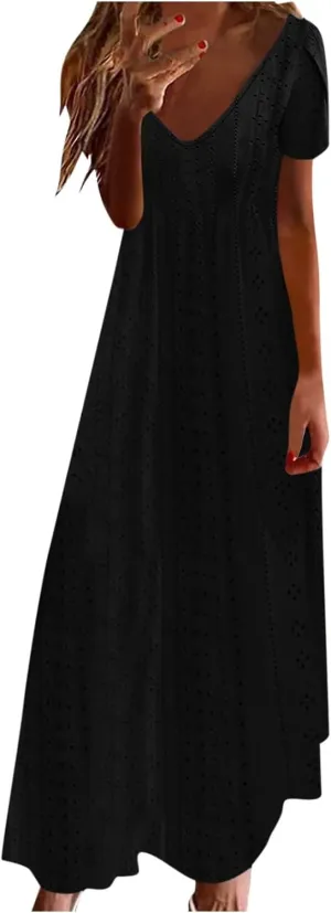 Women's Summer Maxi Dress Trendy Eyelet Embroidery Petal Sleeve Beach Dresses Ladies Casual A-Line Flowy Long Dress