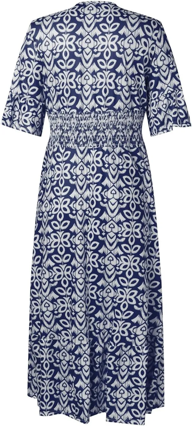 Womens Summer Maxi Dresses V Neck Floral Print Long Swing Dress 3/4 Sleeve Loose Casual Boho Beach Sun Dress
