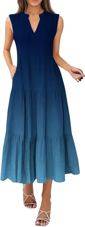 Womens Summer Maxi Dresses Vintage Floral Sleeveless Drop Waist A-Line Flowy Tiered Boho Long Beach Tank Sundress