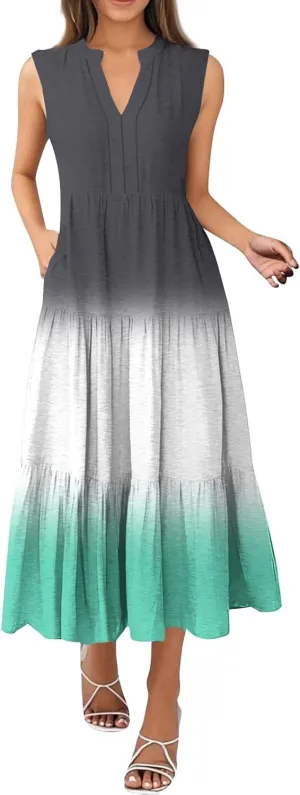 Womens Summer Maxi Dresses Vintage Floral Sleeveless Drop Waist A-Line Flowy Tiered Boho Long Beach Tank Sundress