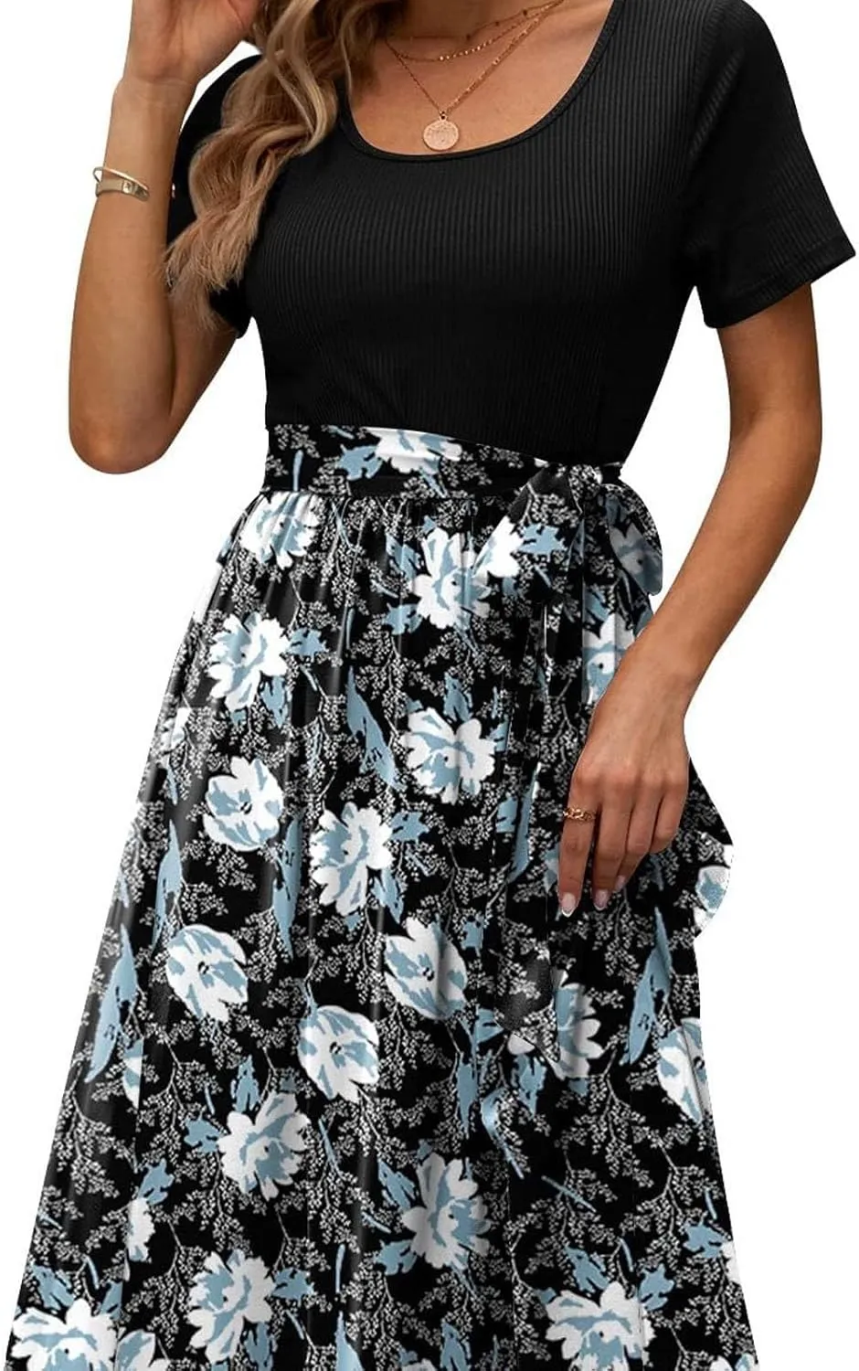Women's Summer Midi Dress, Patchwork Belt Empire Waist Short Sleeve Crew Neck Boho Floral Beach Sundress