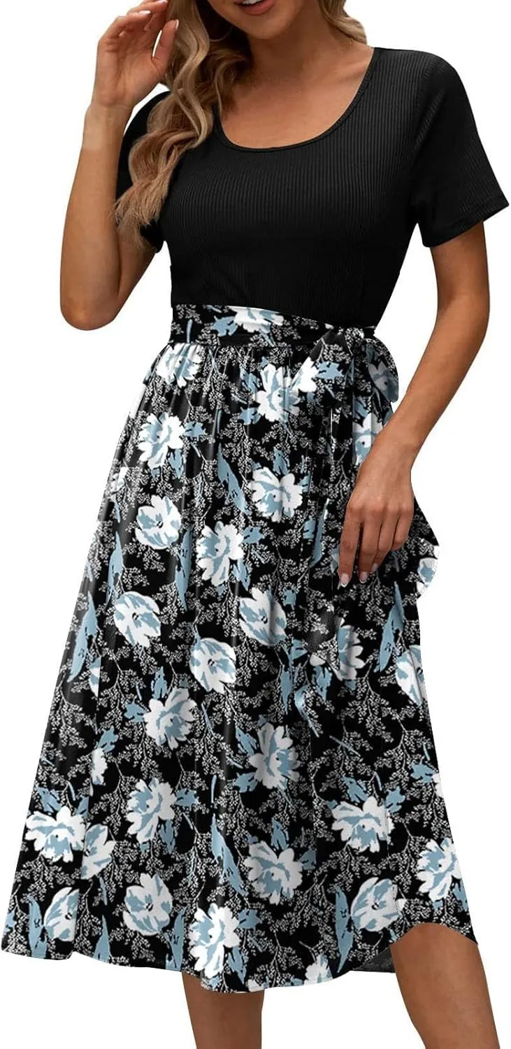 Women's Summer Midi Dress, Patchwork Belt Empire Waist Short Sleeve Crew Neck Boho Floral Beach Sundress
