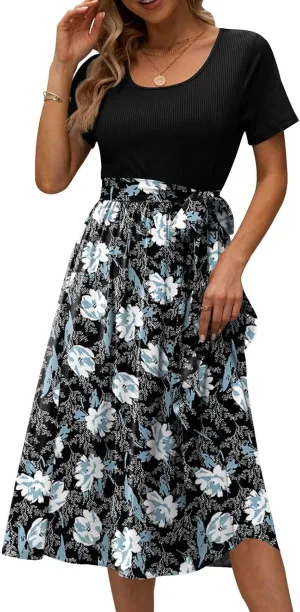 Women's Summer Midi Dress, Patchwork Belt Empire Waist Short Sleeve Crew Neck Boho Floral Beach Sundress