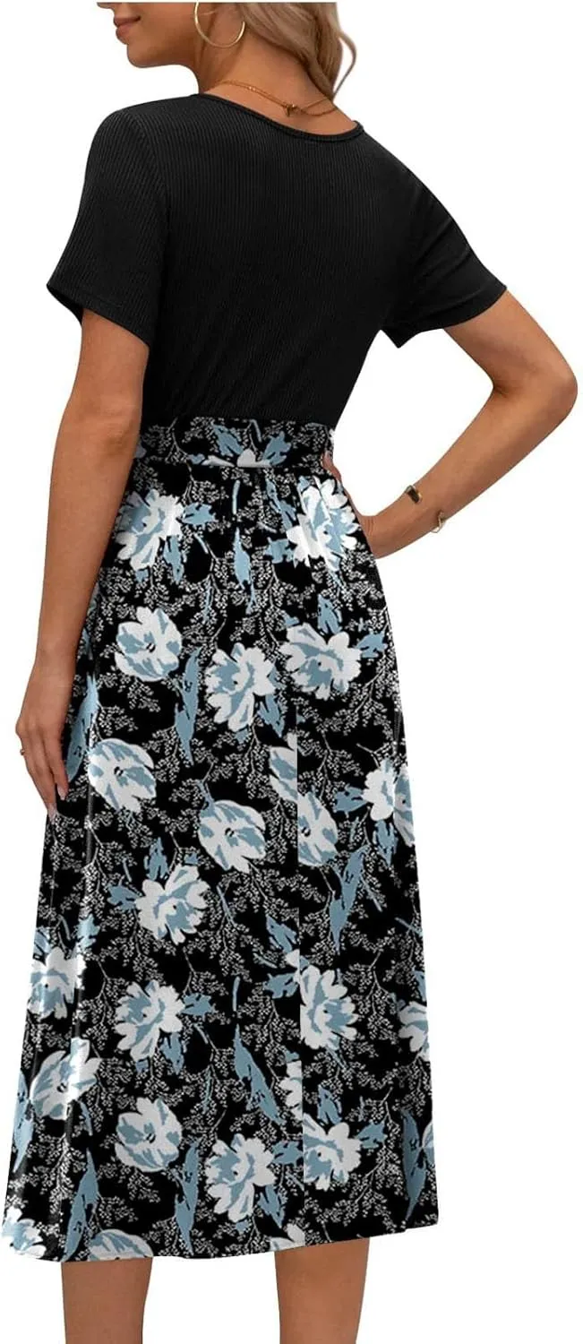 Women's Summer Midi Dress, Patchwork Belt Empire Waist Short Sleeve Crew Neck Boho Floral Beach Sundress