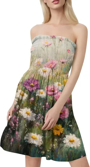 Womens Summer Mini Dress Strapless Sleeveless Trendy Boho Floral Sundress Flowy Ruffle Ruched Sexy Tube Top Dresses