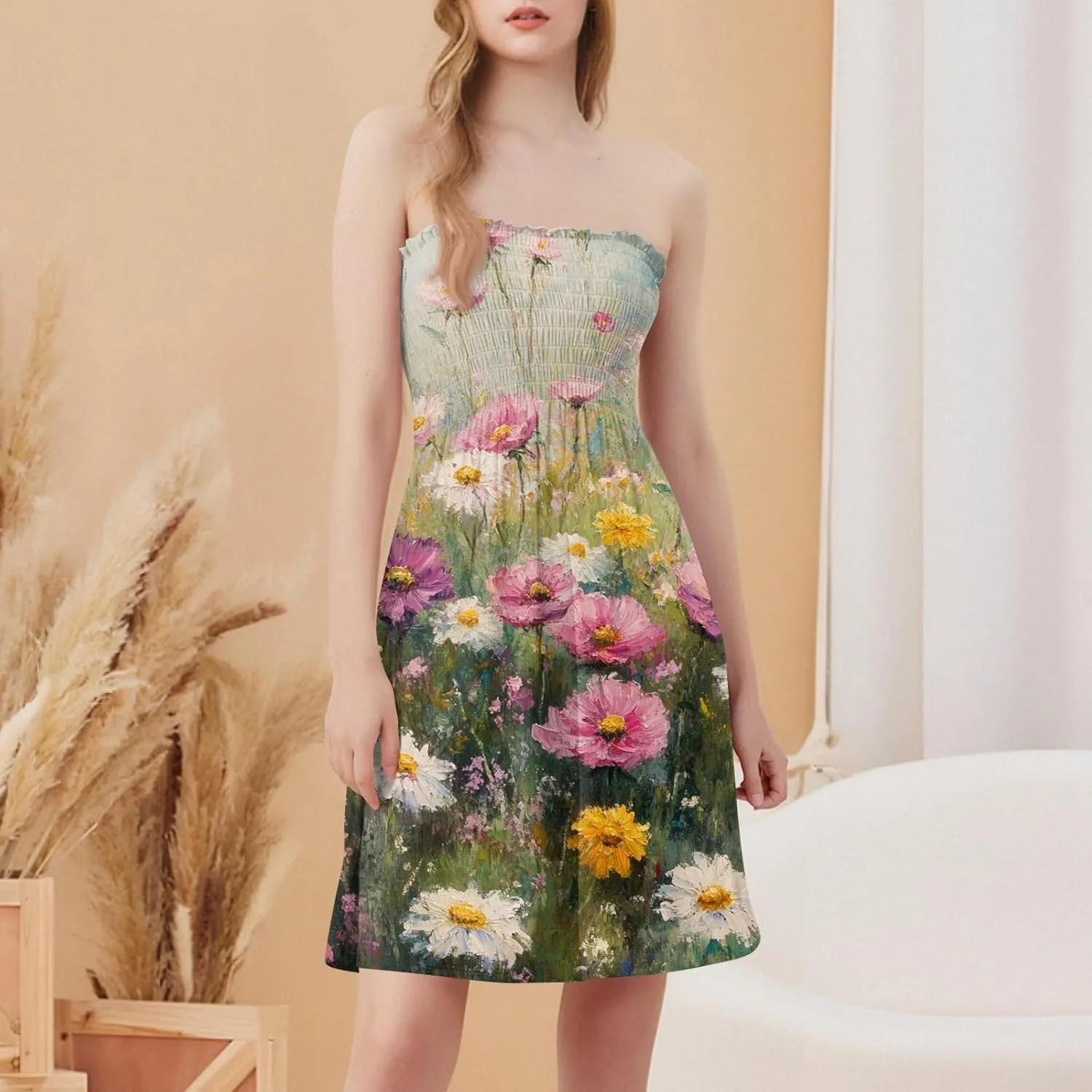 Womens Summer Mini Dress Strapless Sleeveless Trendy Boho Floral Sundress Flowy Ruffle Ruched Sexy Tube Top Dresses