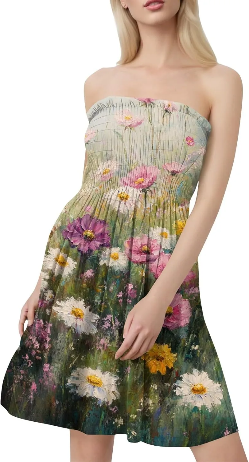 Womens Summer Mini Dress Strapless Sleeveless Trendy Boho Floral Sundress Flowy Ruffle Ruched Sexy Tube Top Dresses