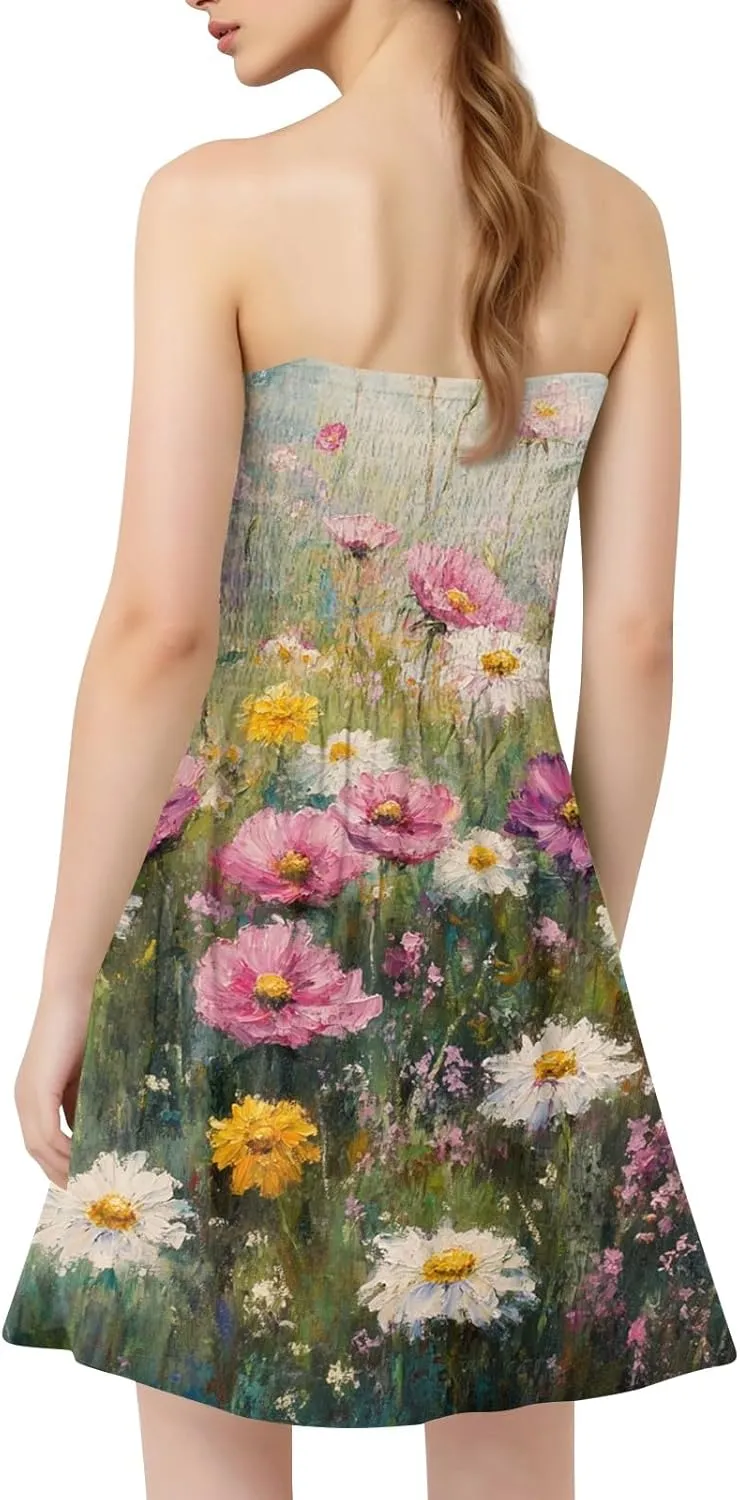 Womens Summer Mini Dress Strapless Sleeveless Trendy Boho Floral Sundress Flowy Ruffle Ruched Sexy Tube Top Dresses