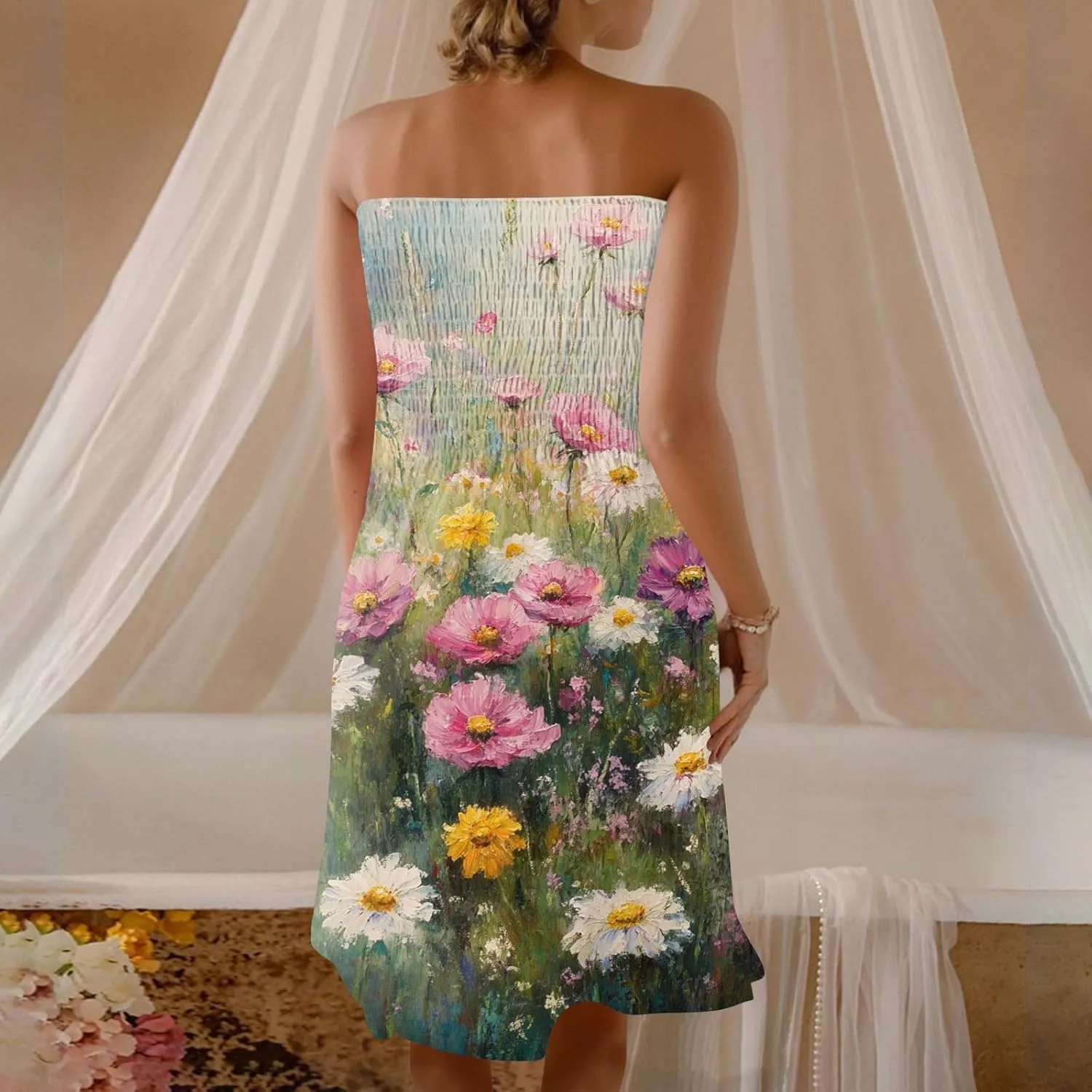 Womens Summer Mini Dress Strapless Sleeveless Trendy Boho Floral Sundress Flowy Ruffle Ruched Sexy Tube Top Dresses