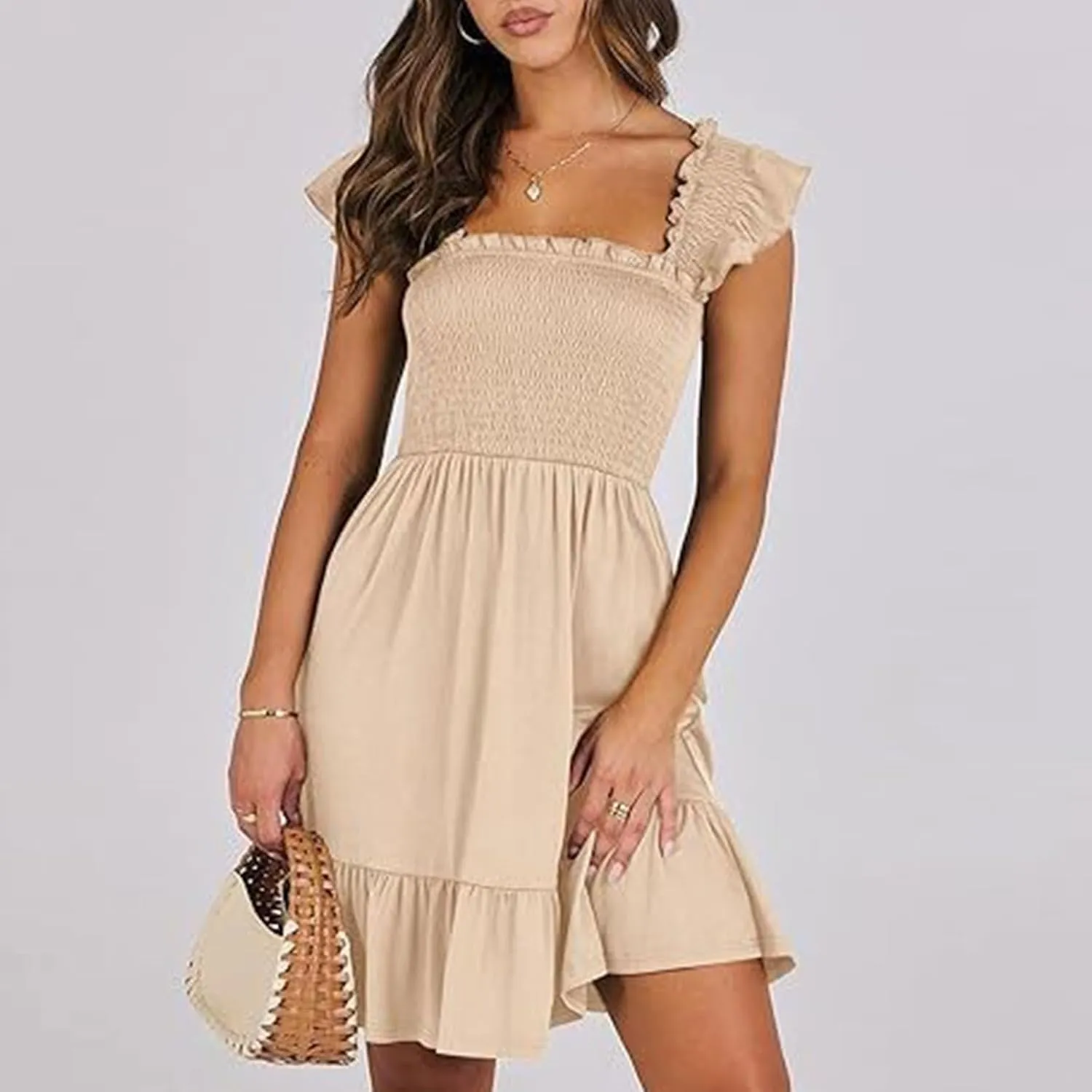 Women's Summer Ruffle Sleeve Sweetheart Neckline Floral Print Mini Dress Casual A-Line Flowy Sundress for Beachwear
