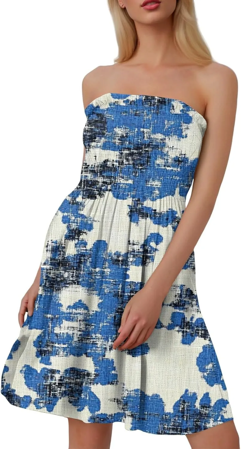 Womens Summer Sexy Strapless Tube Dresses Flowy Ruffle Boho Vivid Floral Mini Dress Backless A Line Short Sundress