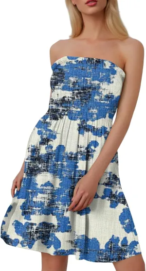 Womens Summer Sexy Strapless Tube Dresses Flowy Ruffle Boho Vivid Floral Mini Dress Backless A Line Short Sundress
