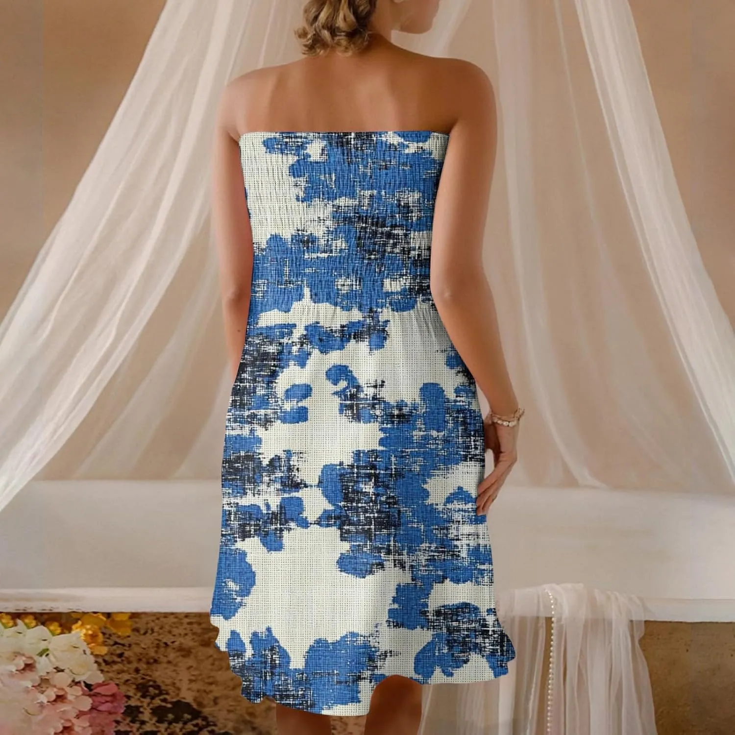 Womens Summer Sexy Strapless Tube Dresses Flowy Ruffle Boho Vivid Floral Mini Dress Backless A Line Short Sundress