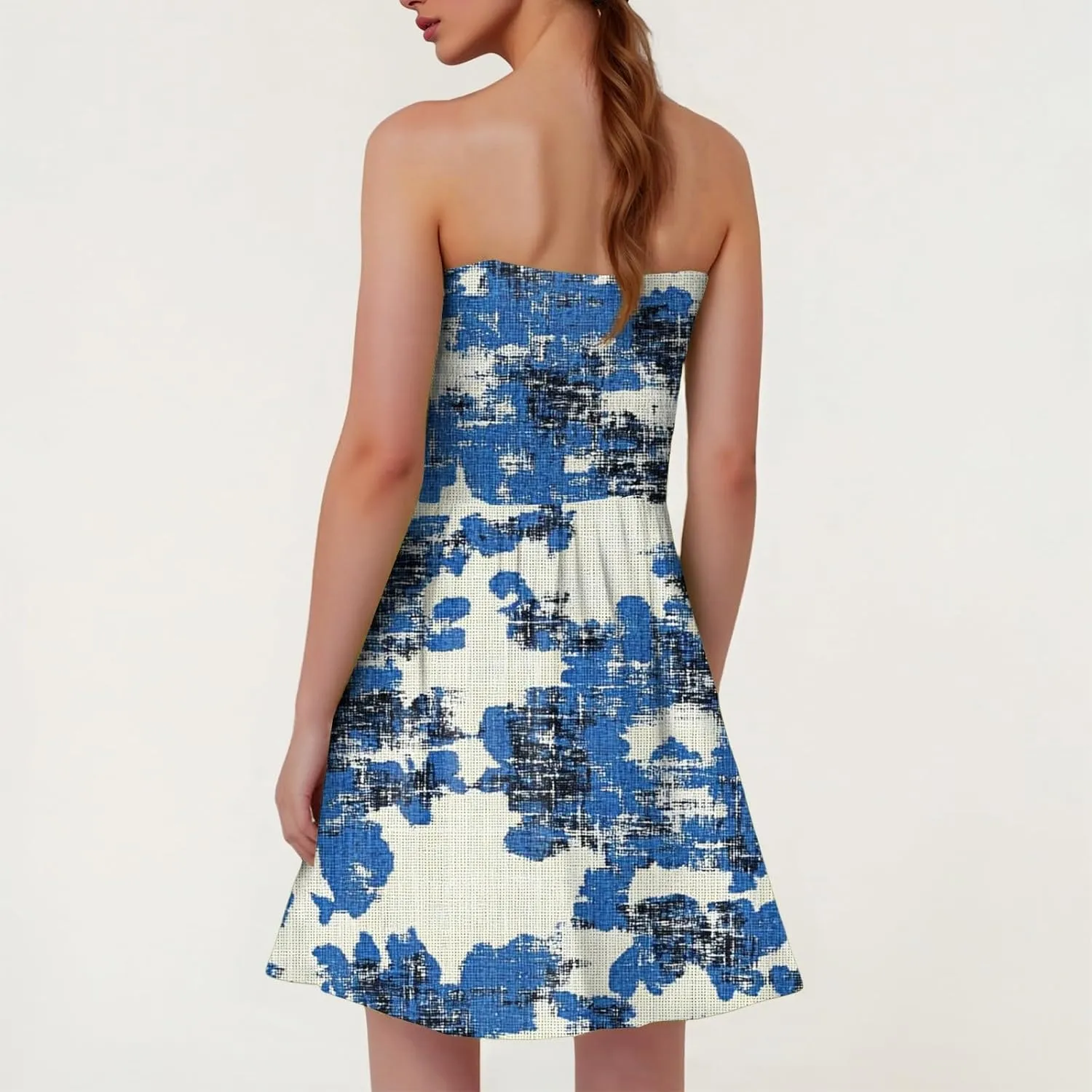Womens Summer Sexy Strapless Tube Dresses Flowy Ruffle Boho Vivid Floral Mini Dress Backless A Line Short Sundress
