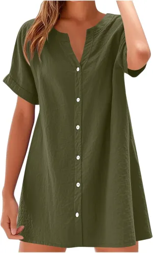Women's Summer Short Dresses Trendy Button Down Plus Size V Neck Boho Sundress Spring Mini Dress 2025