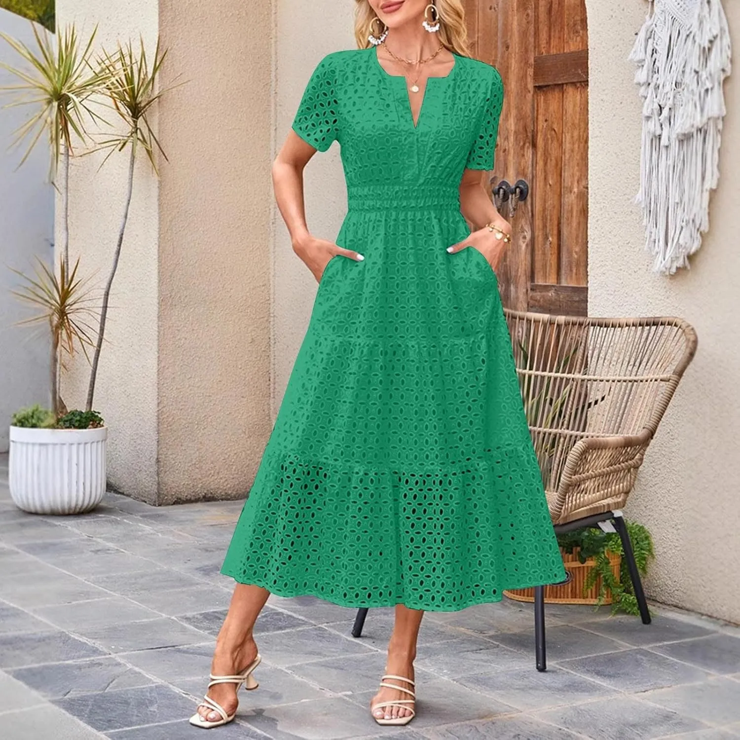 Women's Summer Short Sleeve A-Line Midi Dresses Casual Solid Color Long Dress Flowy Beach Sundress with Pockets S-XXL