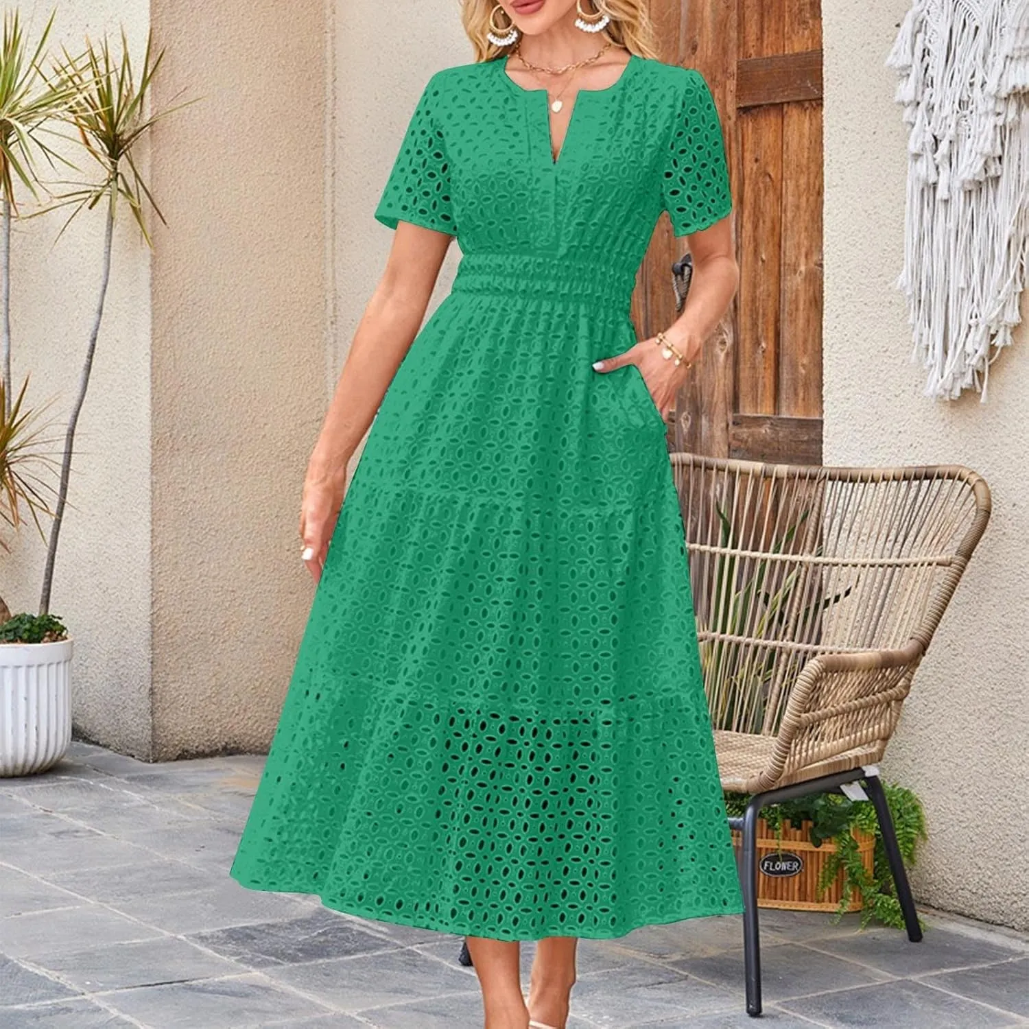 Women's Summer Short Sleeve A-Line Midi Dresses Casual Solid Color Long Dress Flowy Beach Sundress with Pockets S-XXL