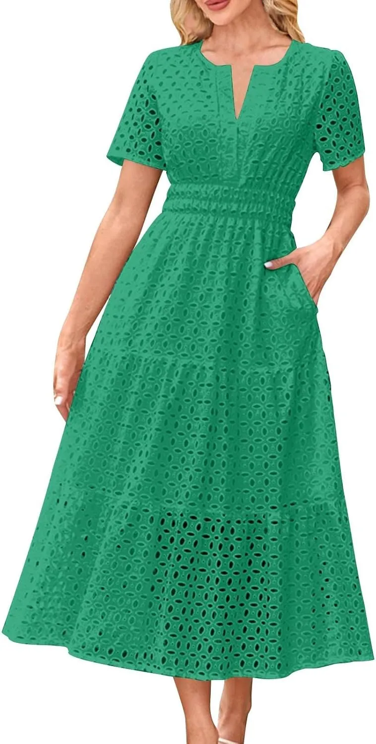 Women's Summer Short Sleeve A-Line Midi Dresses Casual Solid Color Long Dress Flowy Beach Sundress with Pockets S-XXL