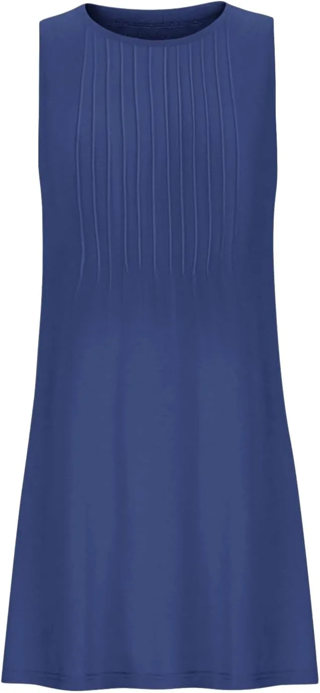 Women's Summer Trendy Casual Solid Sleeveless Round Neck Pleasted Dress - Flowy Boho Mini Dresses for Daliy